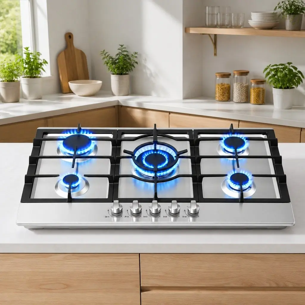 Gas Cooktop 90cm 5 Burner Built-in Hob LPG Natural Gas Stainless Steel Silver