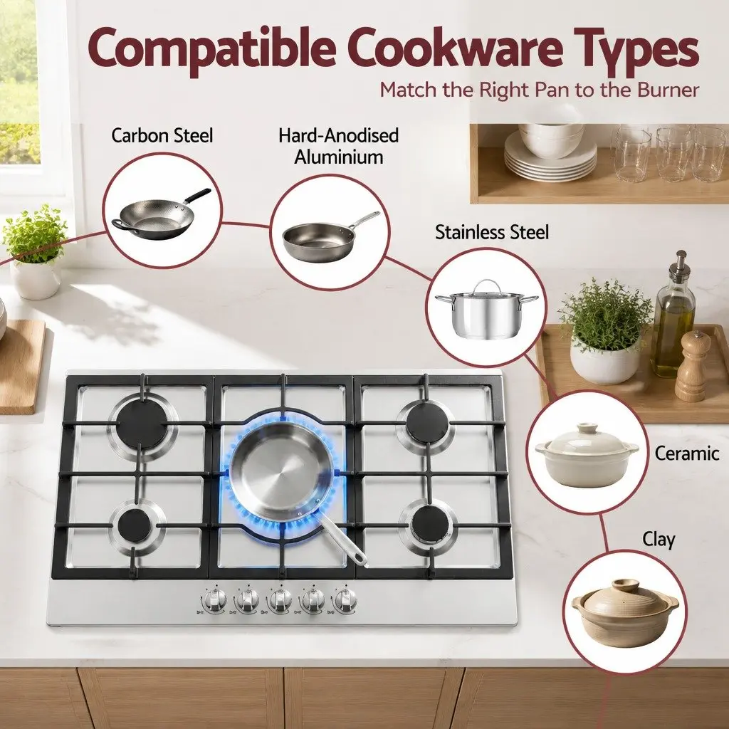 Gas Cooktop 90cm 5 Burner Built-in Hob LPG Natural Gas Stainless Steel Silver