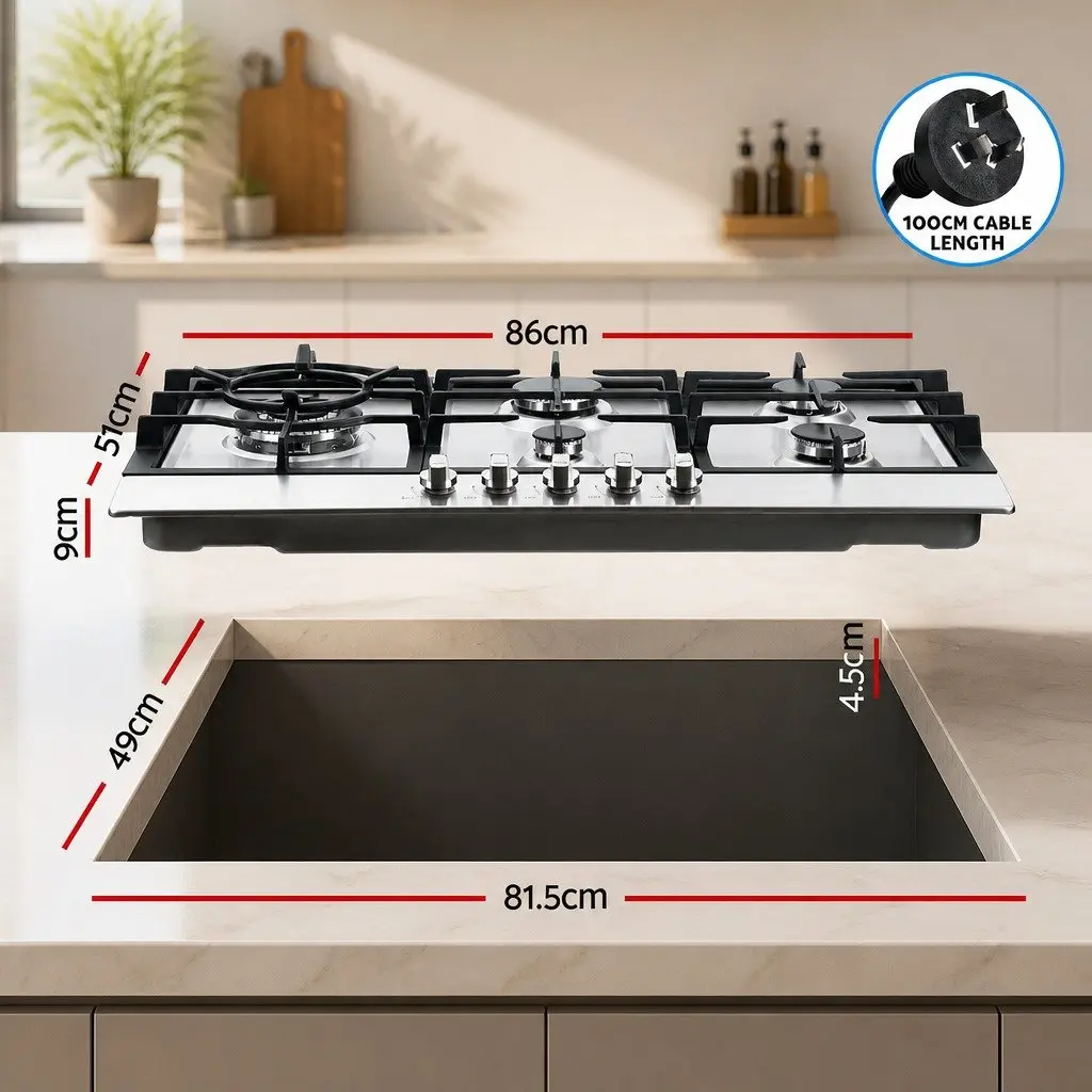 90cm Gas Cooktop 5 Burner Stainless Steel Silver Kitchen Stove LPG Natural Gas