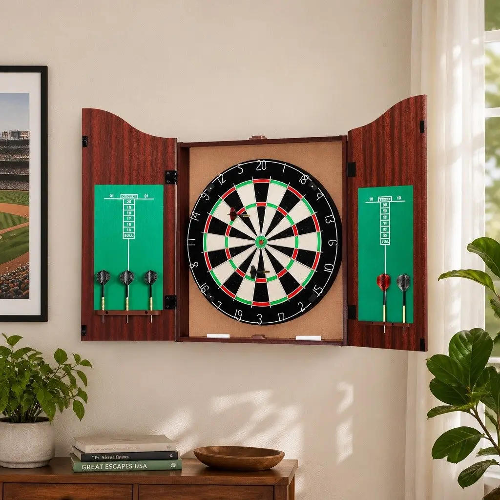 Dartboard Cabinet for Wall Mount Game 18 Inch with 6 Steel Darts Brown