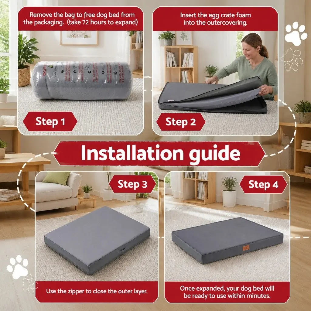 Orthopedic Dog Bed Large Water-resistant Egg Crate Foam Pet Mat Grey 91x68cm