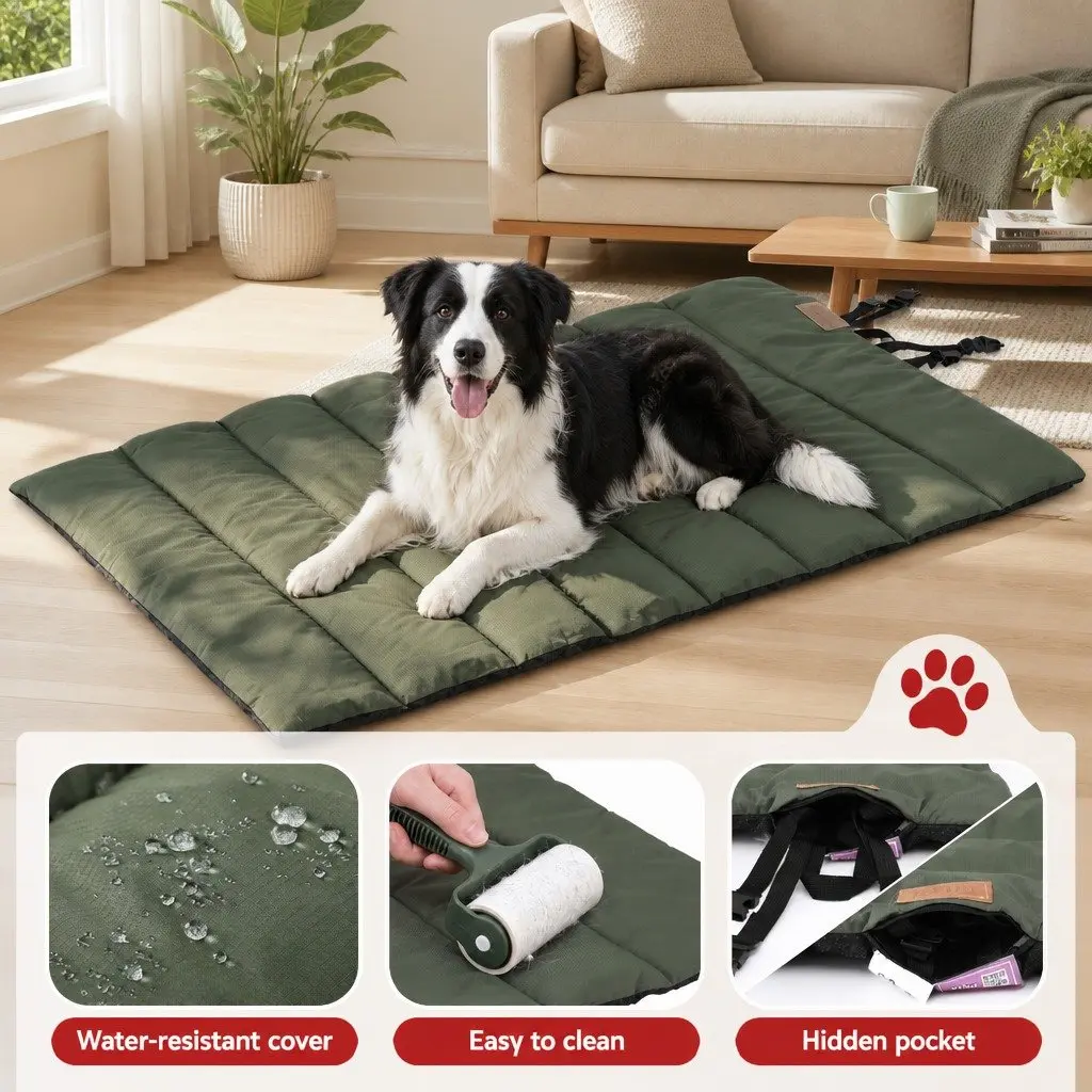 Outdoor Dog Bed Large Water-Resistant Washable Foldable Travel Mat Green Black