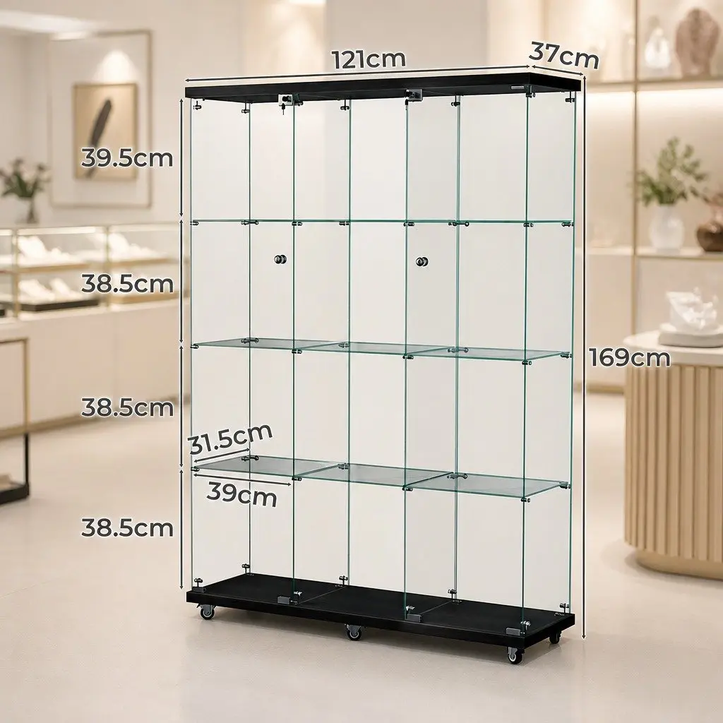 Glass Display Cabinet Living Room 169cm Tall 4 Tier Lockable Wheeled Storage Showcase