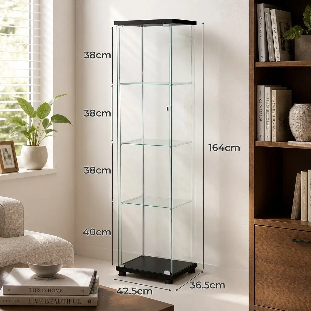Glass Display Cabinet Black 4-Tier Lockable Storage Unit for Living Room 36.5cm x 42.5cm x 164cm