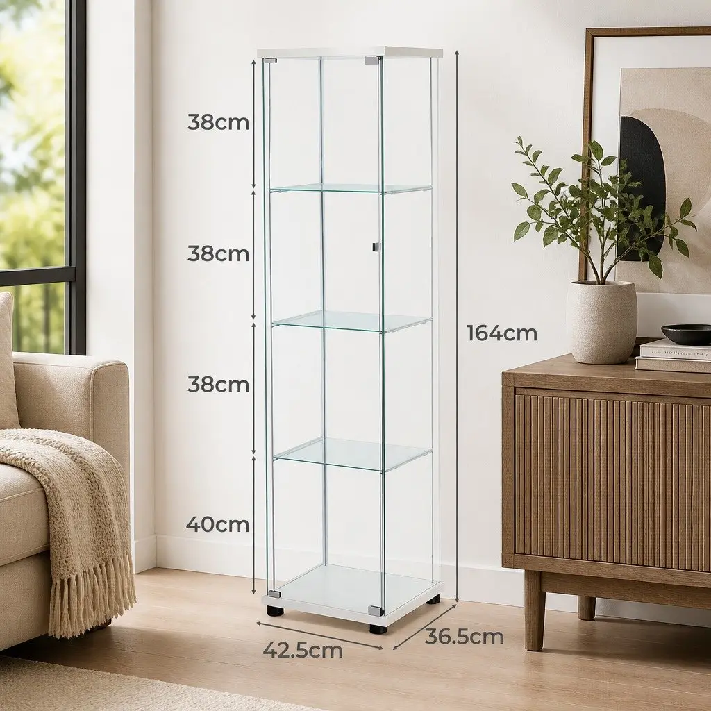 White Tempered Glass Storage Cabinet 4 Tier for Living Room Display Unit