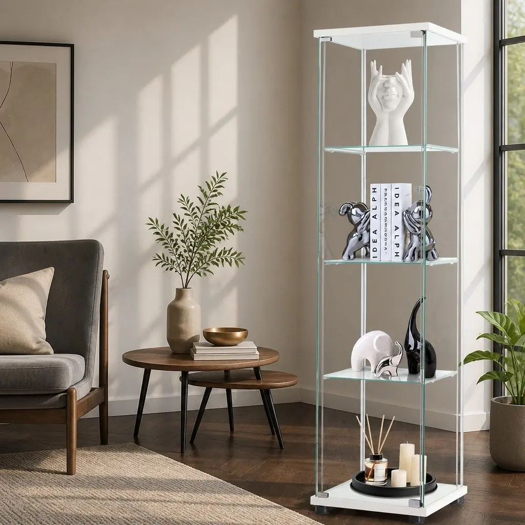 White Tempered Glass Storage Cabinet 4 Tier for Living Room Display Unit