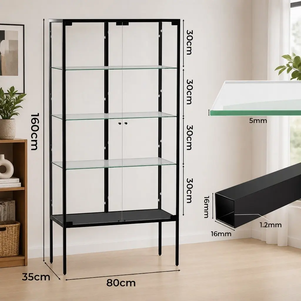 Glass Display Cabinet Living Room 4 Tier 160cm Tempered Glass Shelves Steel Frame