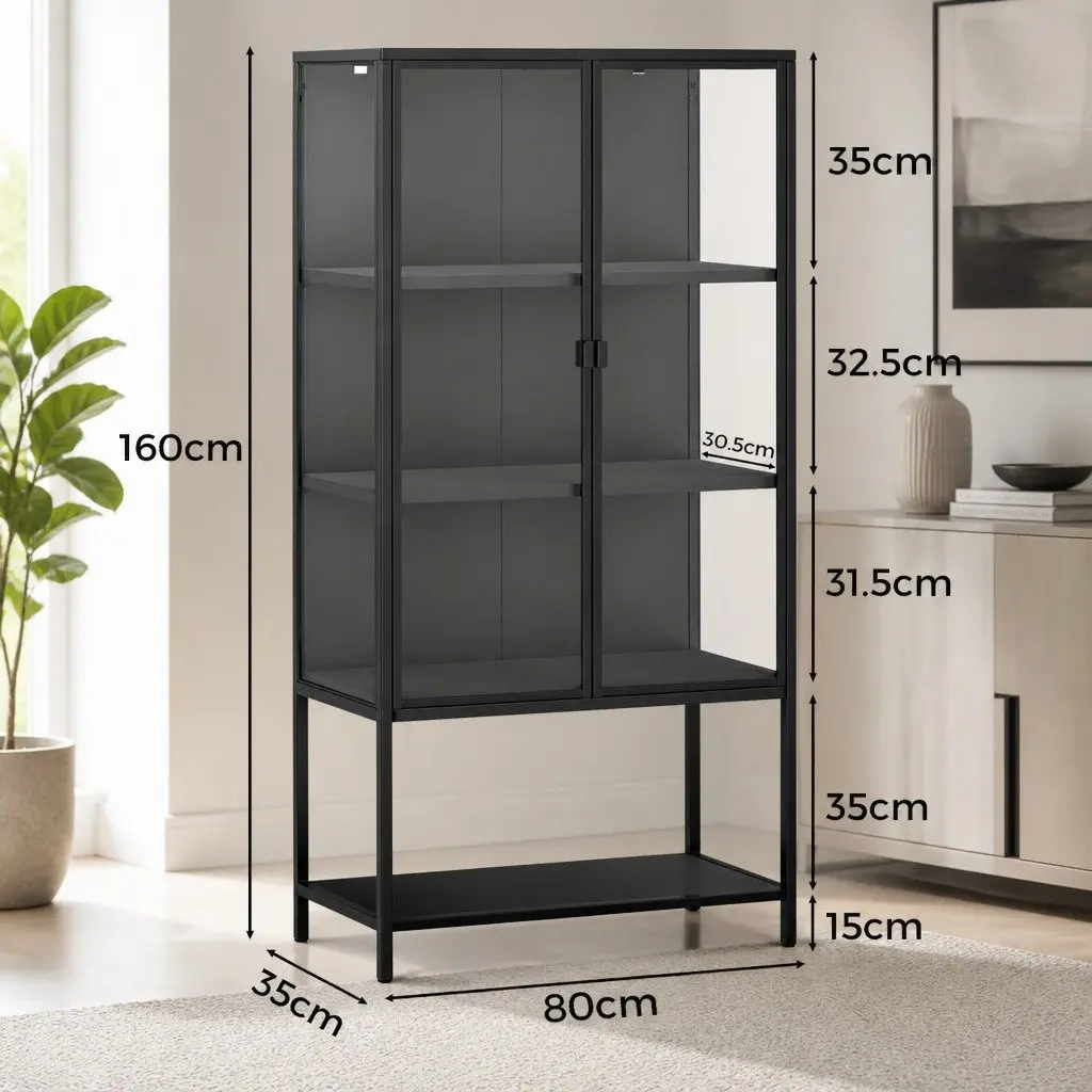 4 Tier Glass Display Cabinet Living Room 80cm x 35cm x 160cm Black Tempered Glass Storage Shelving