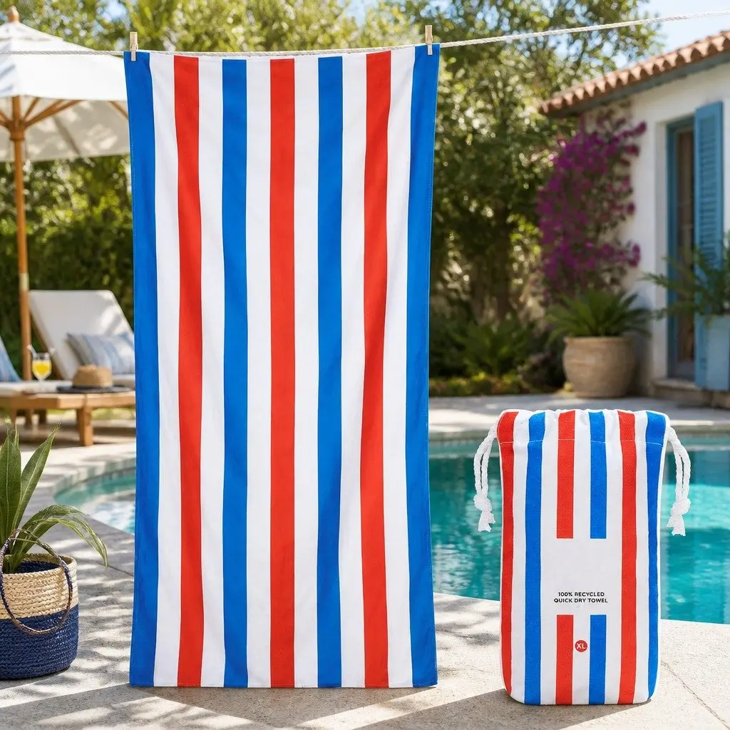 Extra Large Quick Dry Beach Towel Striped Cabana Pattern Lightweight Compact