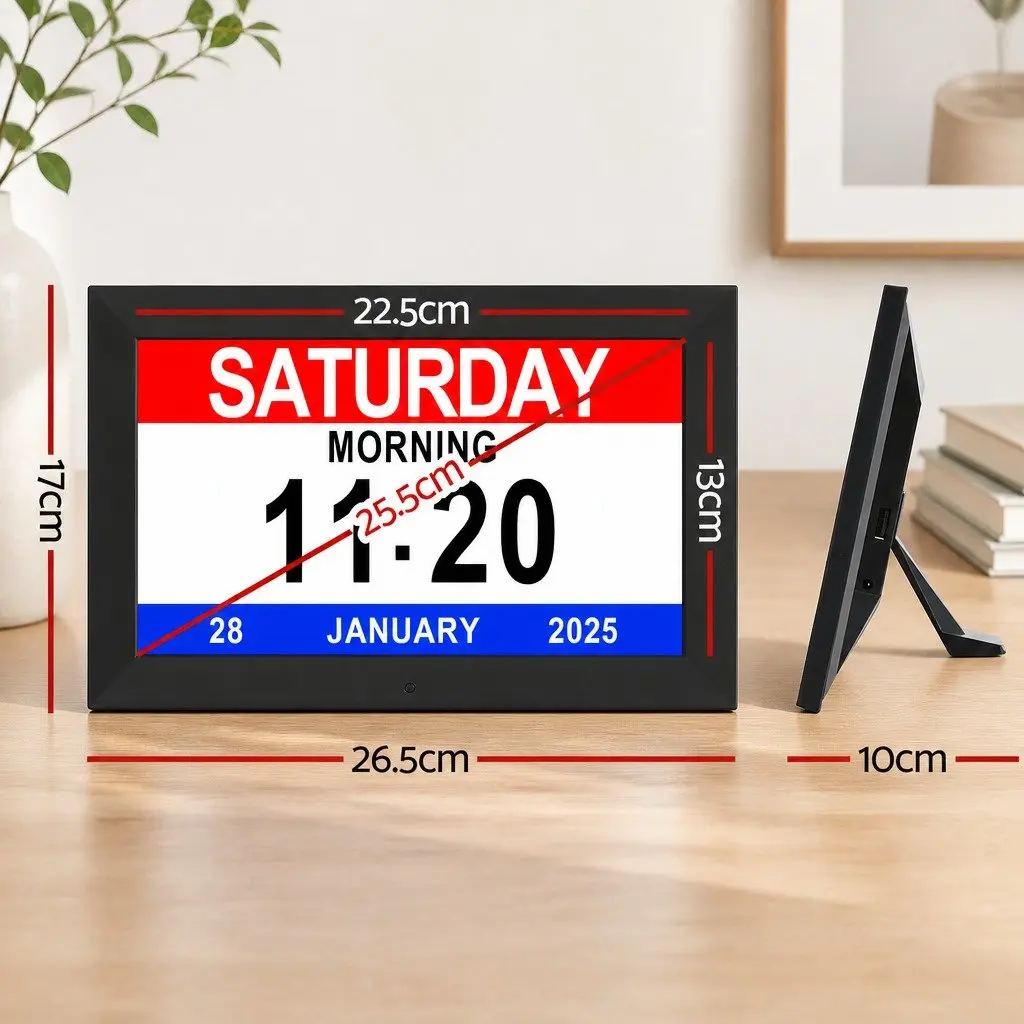 Digital Day Clock for Home 10 Inch LCD Display Alarm Calendar Black
