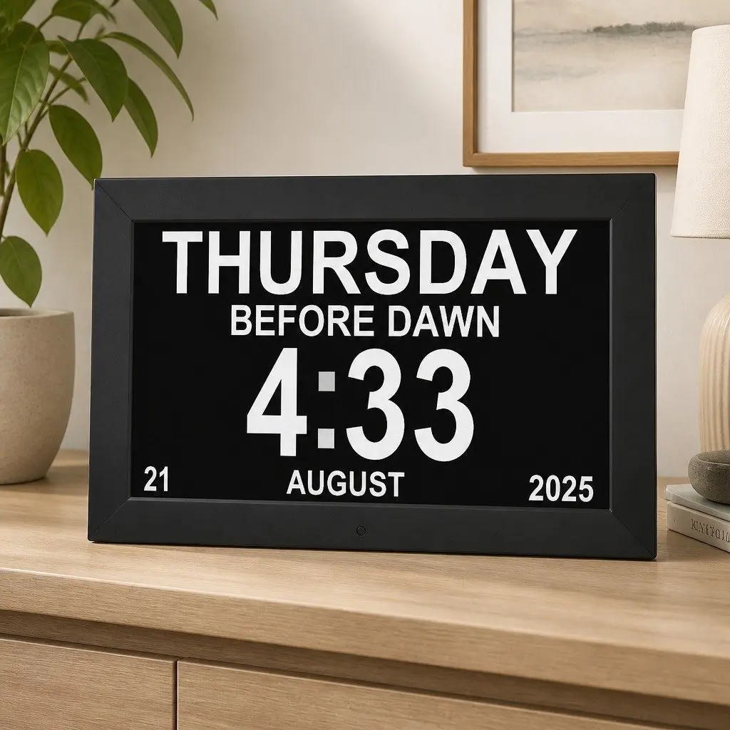 Digital Day Clock for Home 10 Inch LCD Display Alarm Calendar Black