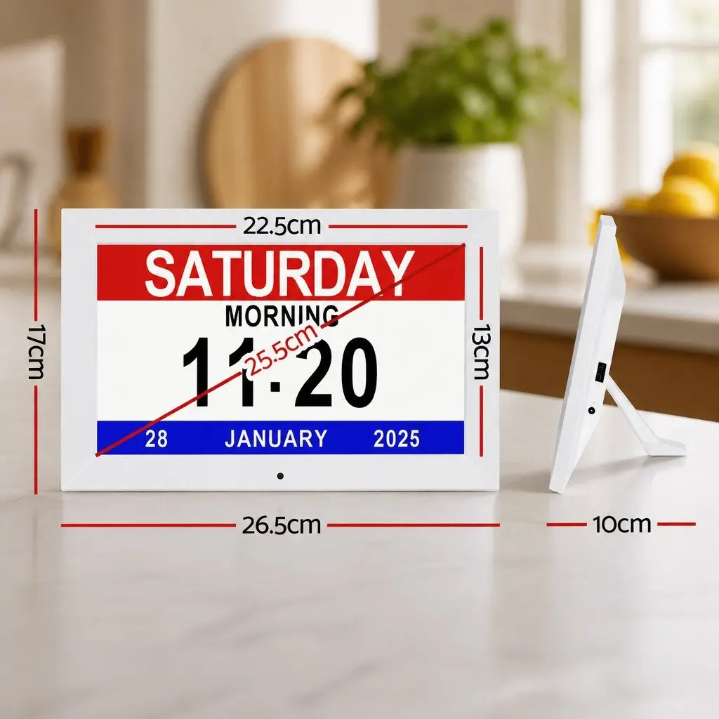 Digital Day Clock for Desk or Wall Mount 10 Inch LCD Display White