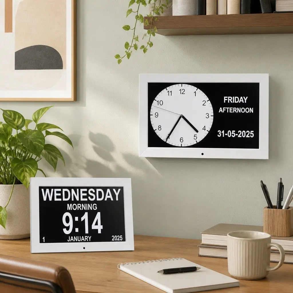 Digital Day Clock for Desk or Wall Mount 10 Inch LCD Display White