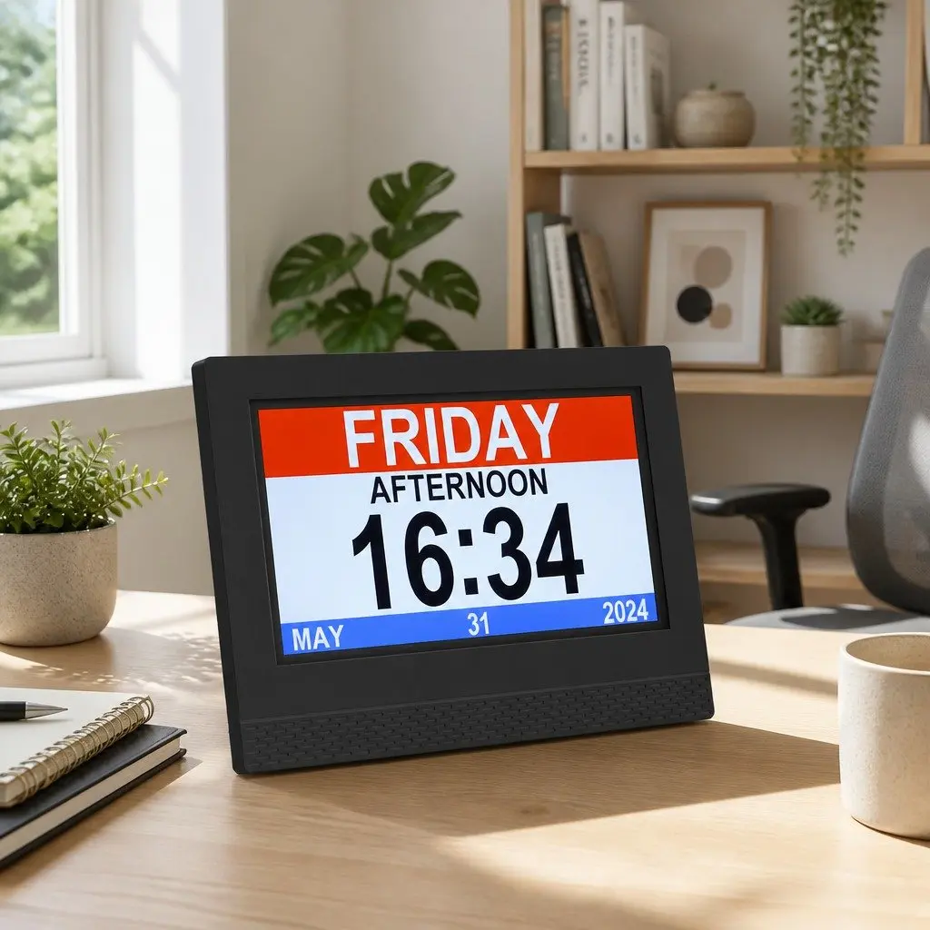 Digital Day Clock for Desk or Bedside 7 Inch LCD Display with Remote Control