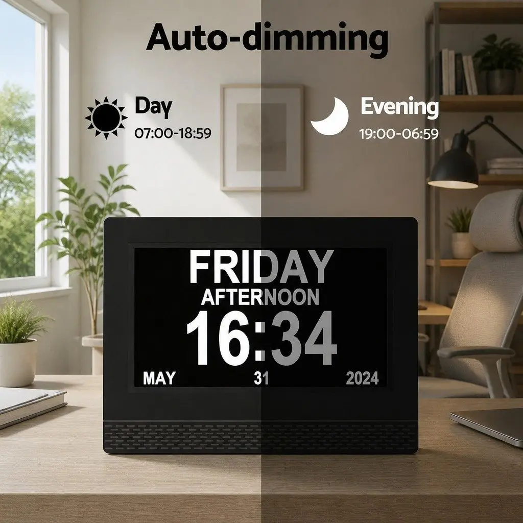 Digital Day Clock for Desk or Bedside 7 Inch LCD Display with Remote Control