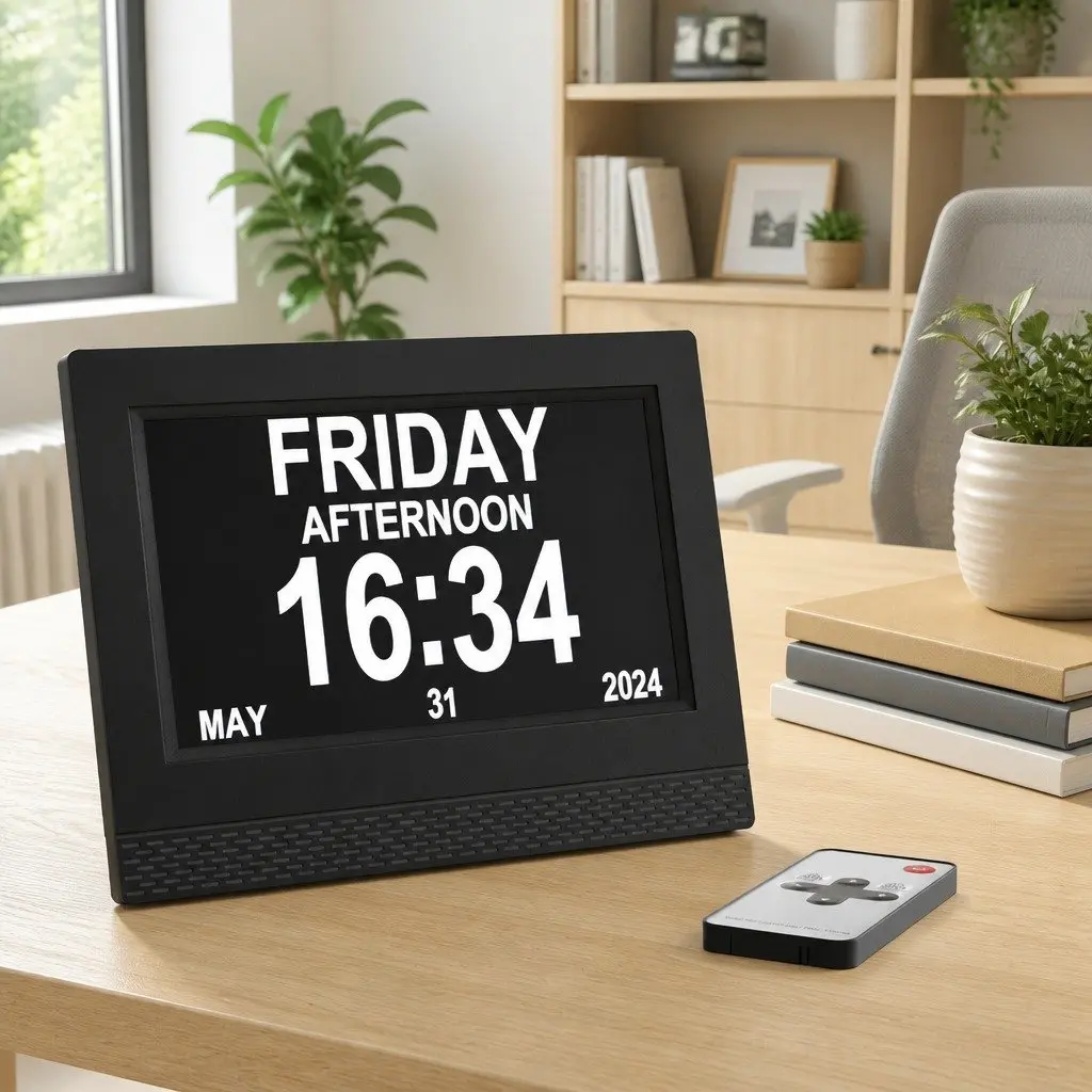 Digital Day Clock for Desk or Bedside 7 Inch LCD Display with Remote Control
