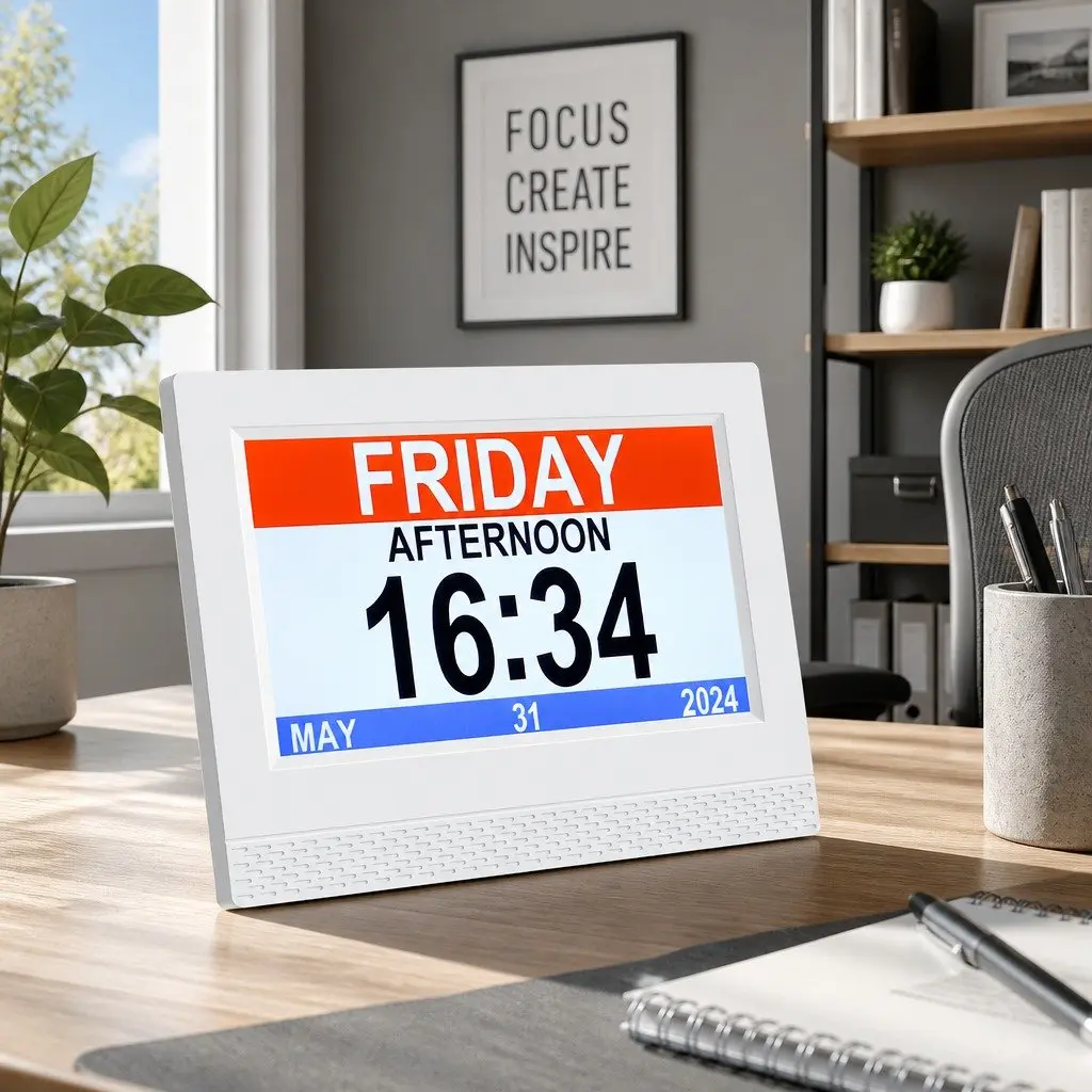 Digital Day Clock for Desk or Bedside 7 Inch Large LCD Display White
