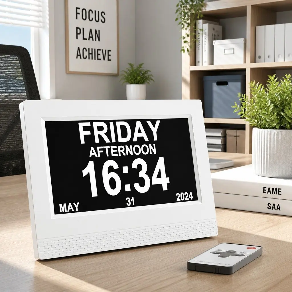 Digital Day Clock for Desk or Bedside 7 Inch Large LCD Display White