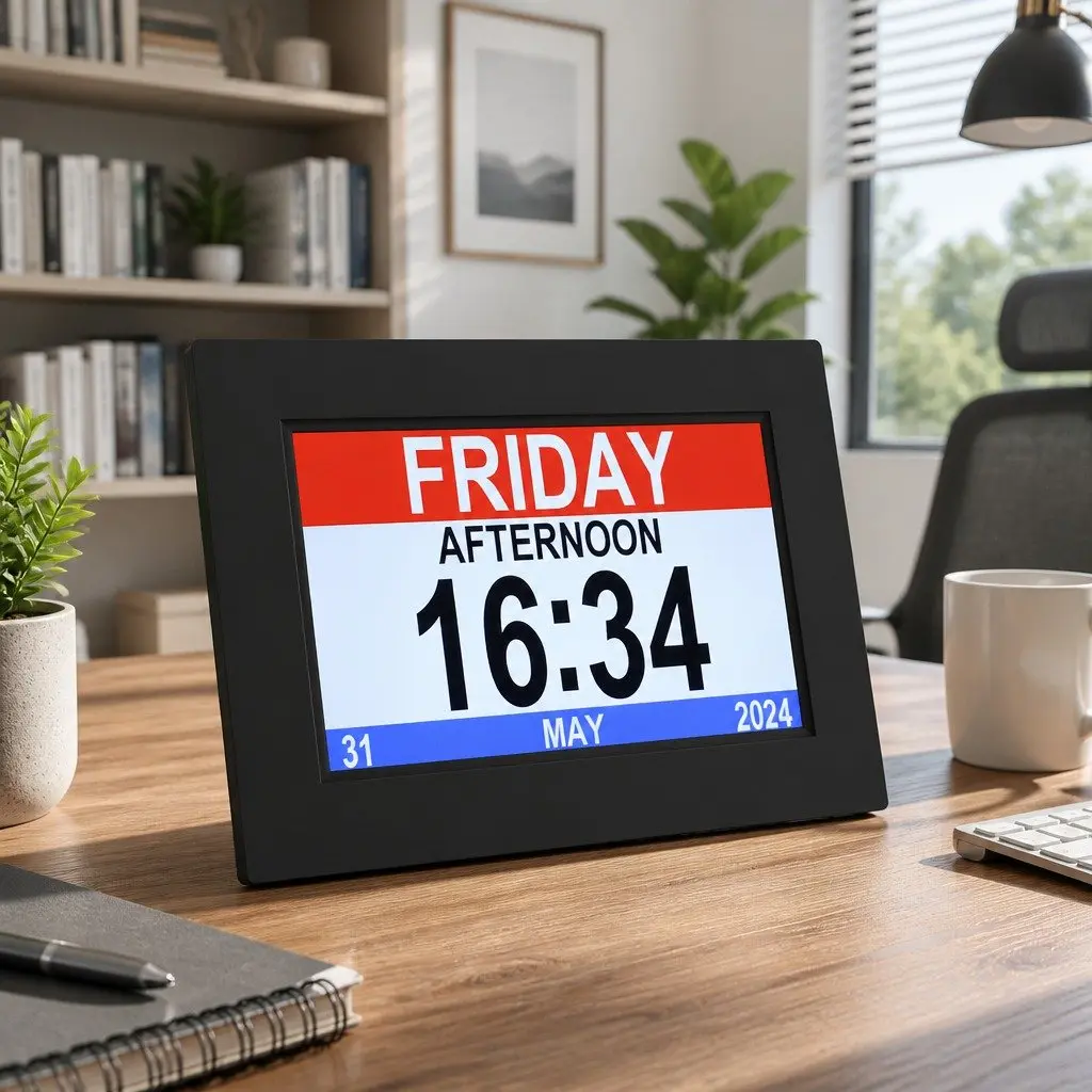 Digital Day Clock for Desk or Wall Mount 8 Inch LCD Display Black