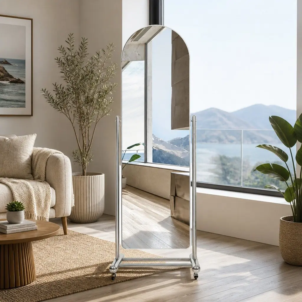 Full Length Arch Mirror for Home 165cm Adjustable Angle Movable with Rolling Wheels