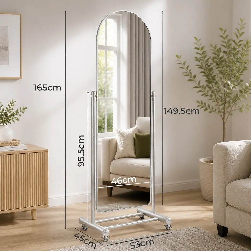Full Length Arch Mirror for Home 165cm Adjustable Angle Movable with Rolling Wheels