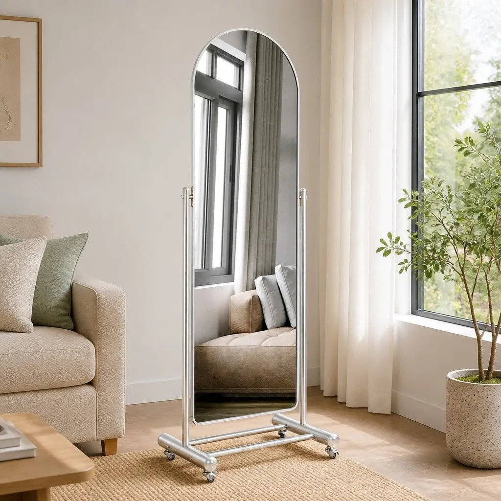 Full Length Arch Mirror for Home 165cm Adjustable Angle Movable with Rolling Wheels