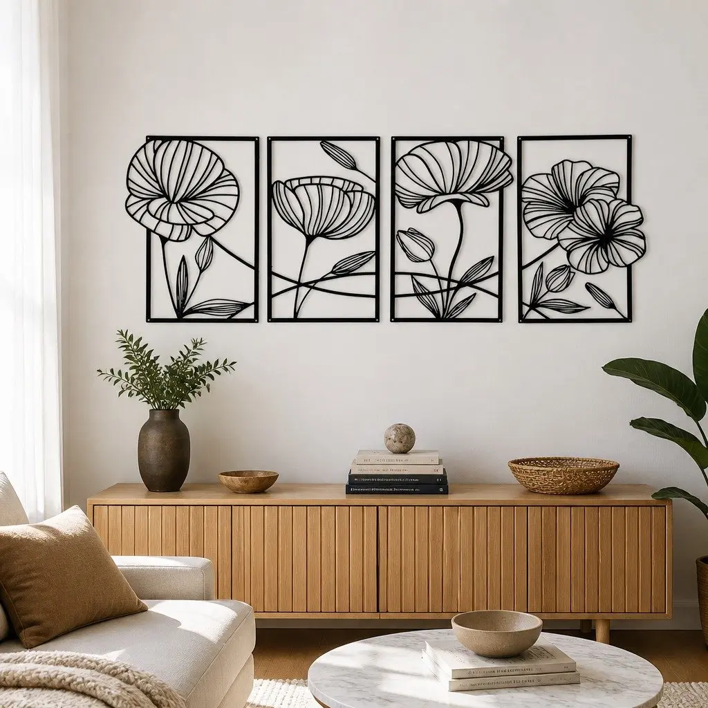 Metal Wall Art 4 Pieces Floral Minimalist Line Decor Home Living Room Bedroom