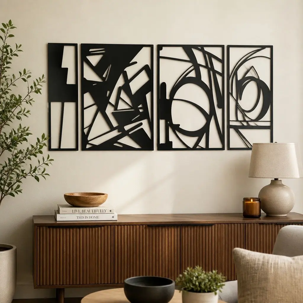 Metal Wall Art 4 Piece Set Abstract Minimalist Line Design Home Decor Black