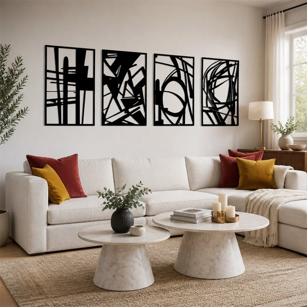 Metal Wall Art 4 Piece Set Abstract Minimalist Line Design Home Decor Black