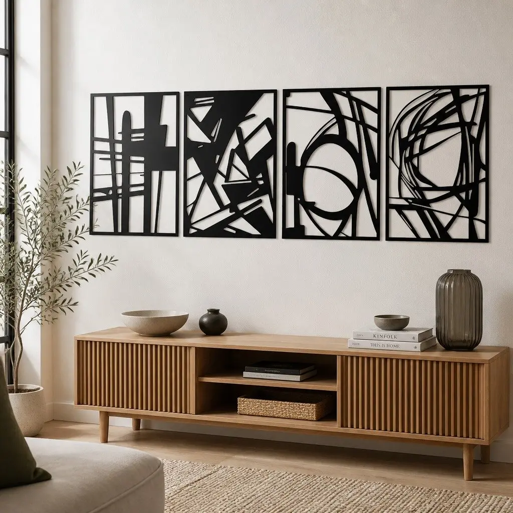 Metal Wall Art 4 Piece Set Abstract Minimalist Line Design Home Decor Black