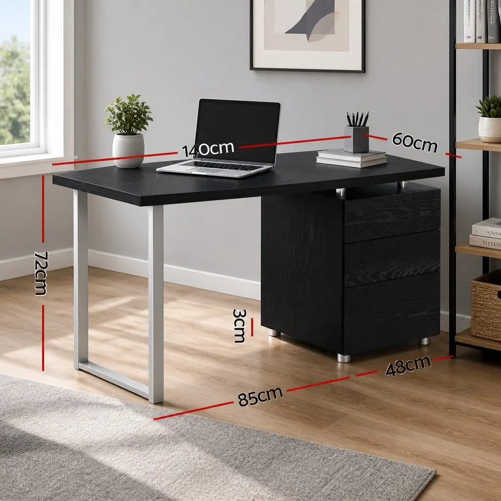 Computer Desk for Office or Study 140cm Wide with 3 Drawers Black