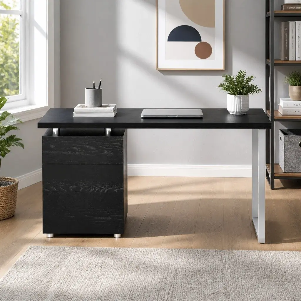Computer Desk for Office or Study 140cm Wide with 3 Drawers Black