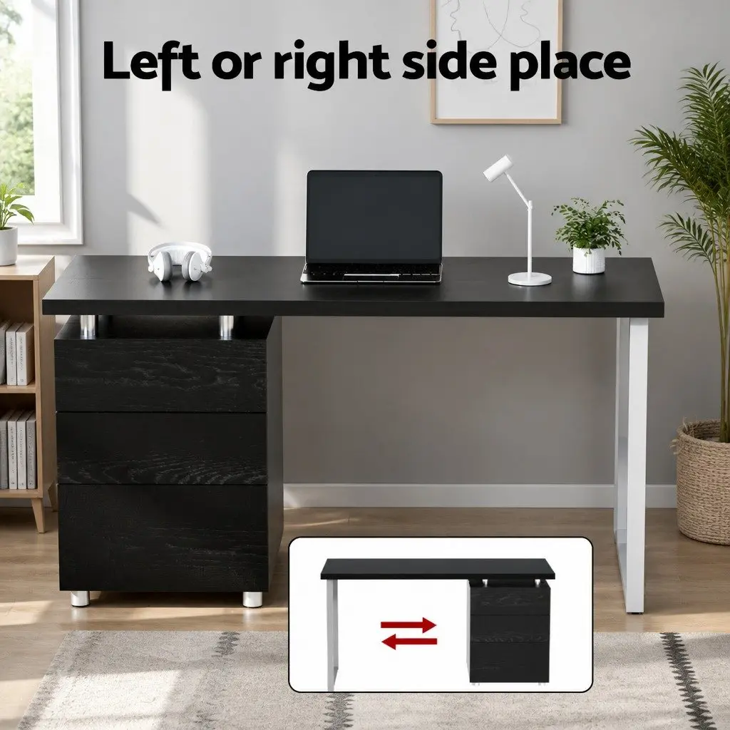 Computer Desk for Office or Study 140cm Wide with 3 Drawers Black