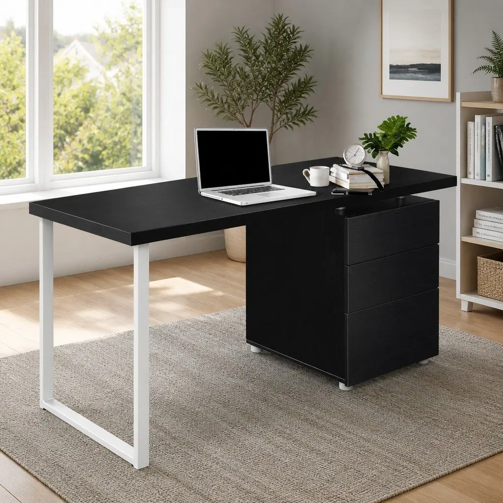 Computer Desk for Office or Study 140cm Wide with 3 Drawers Black
