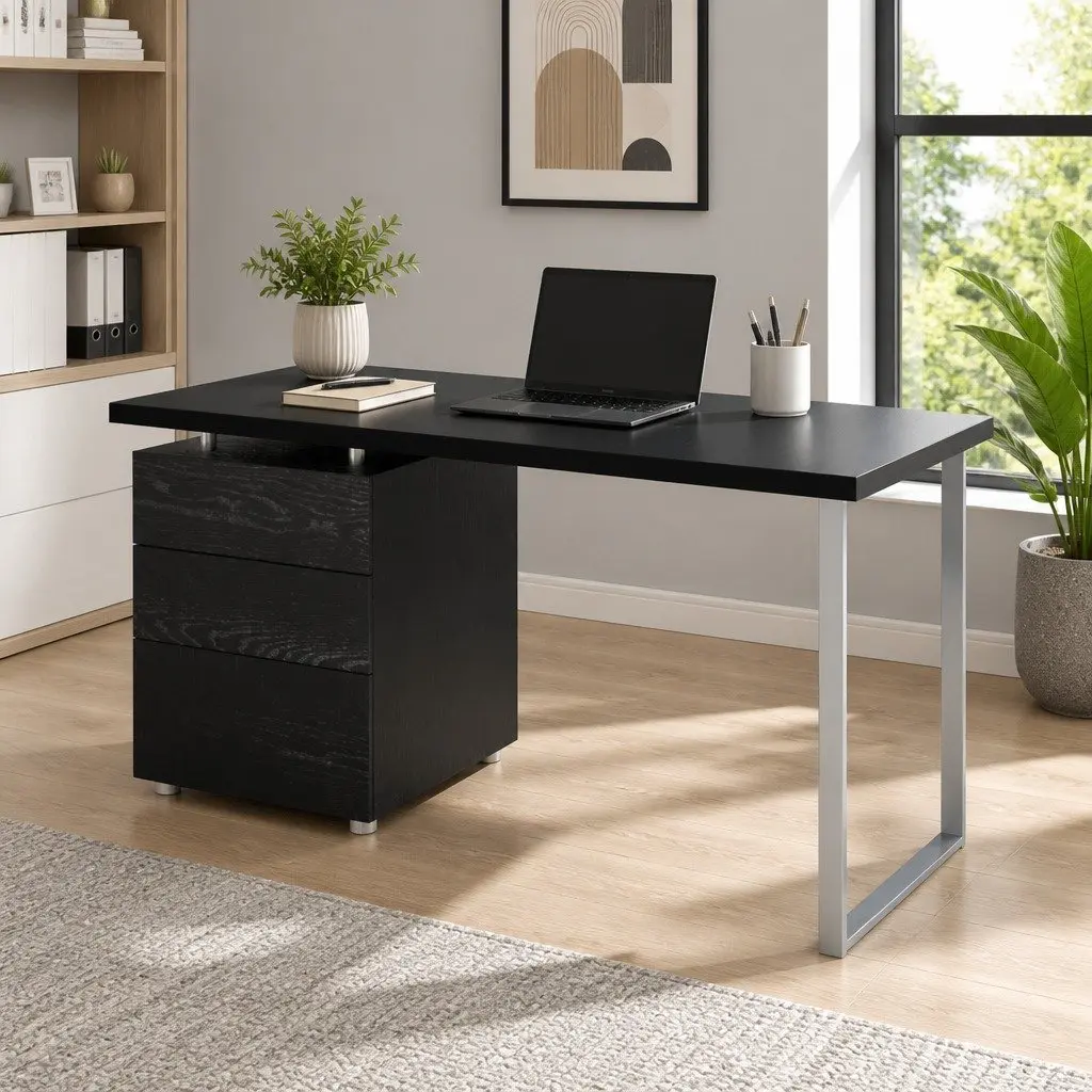 Computer Desk for Office or Study 140cm Wide with 3 Drawers Black