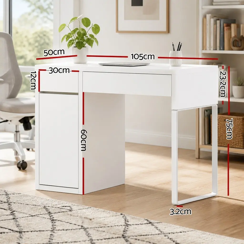 Computer Desk for Office 105cm White with 2 Drawers and 3-Tier Cabinet Storage
