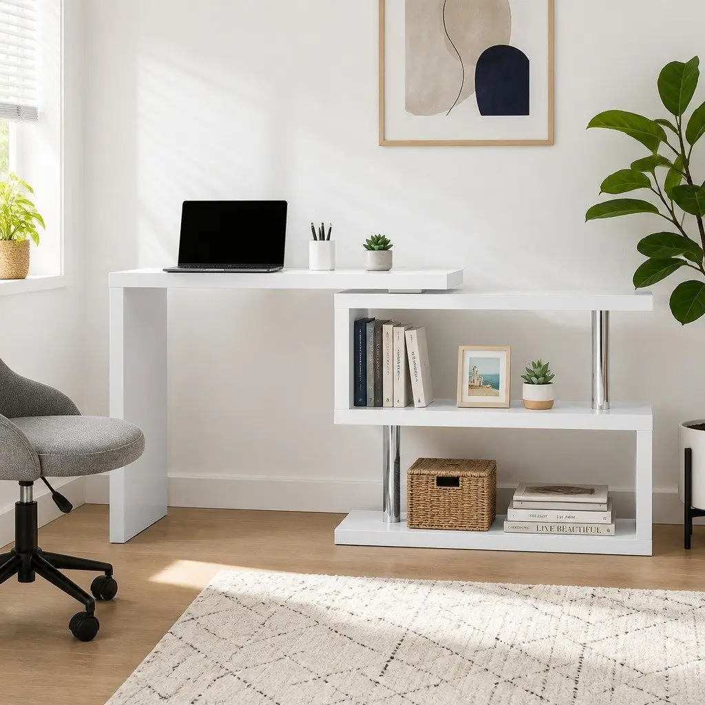 L-Shape Computer Desk with Bookshelf Rotatable Shelf Storage White Office