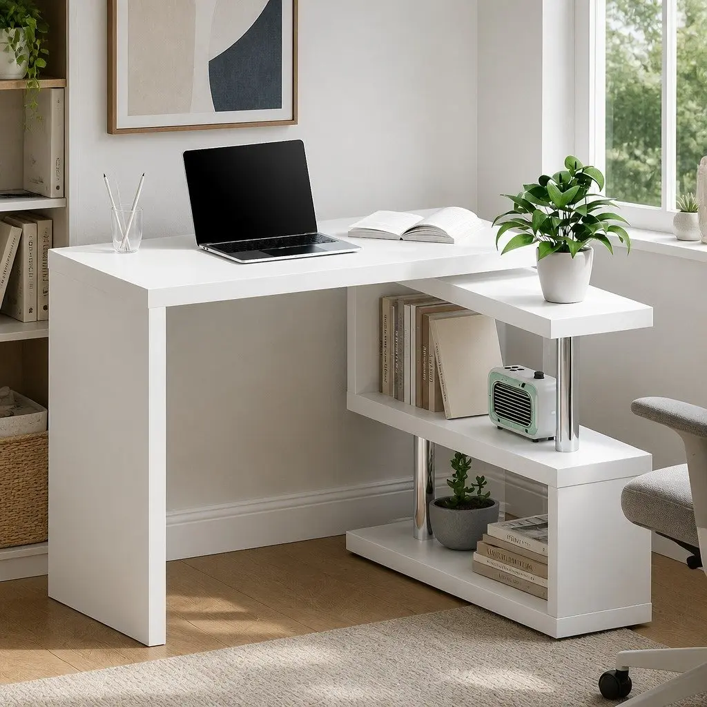 L-Shape Computer Desk with Bookshelf Rotatable Shelf Storage White Office