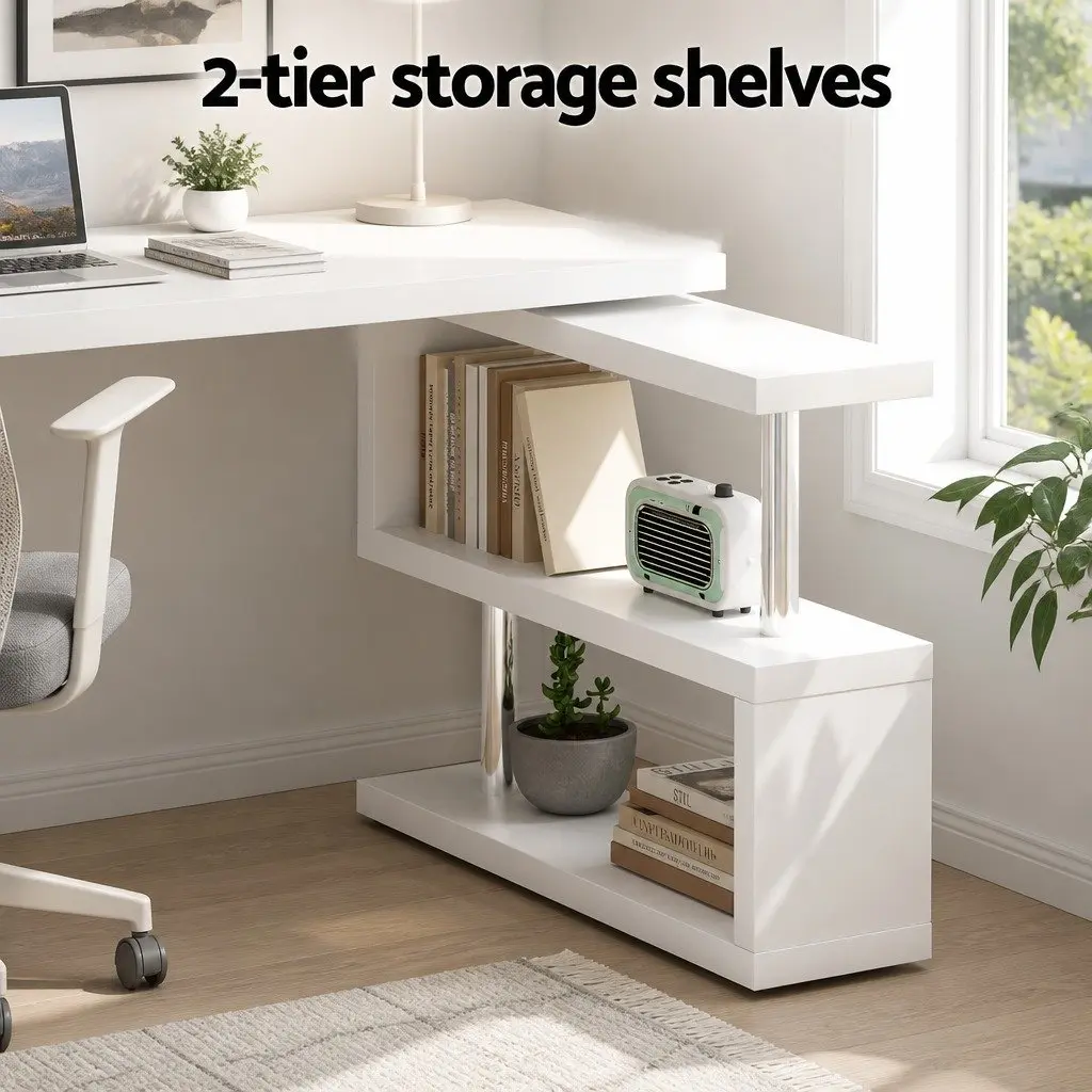 L-Shape Computer Desk with Bookshelf Rotatable Shelf Storage White Office