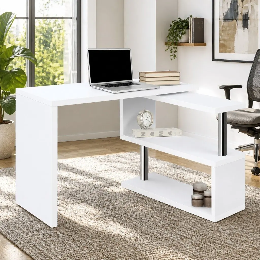 L-Shape Computer Desk with Bookshelf Rotatable Shelf Storage White Office