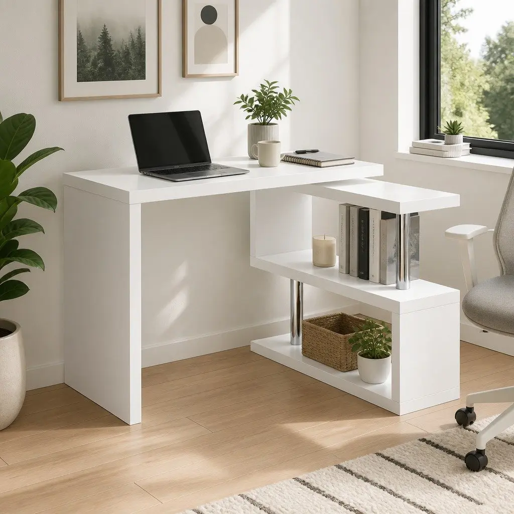 L-Shape Computer Desk with Bookshelf Rotatable Shelf Storage White Office
