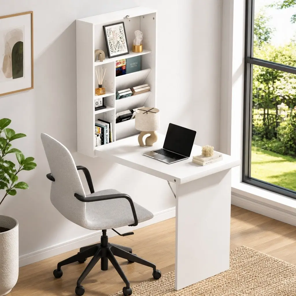 Foldable Wall-Mounted Computer Desk & Bookcase