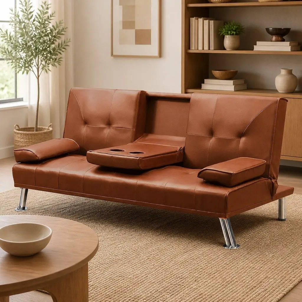 3-Seater Sofa Bed Living Room Adjustable Recliner Foldable Middle Panel Cup Holder Brown