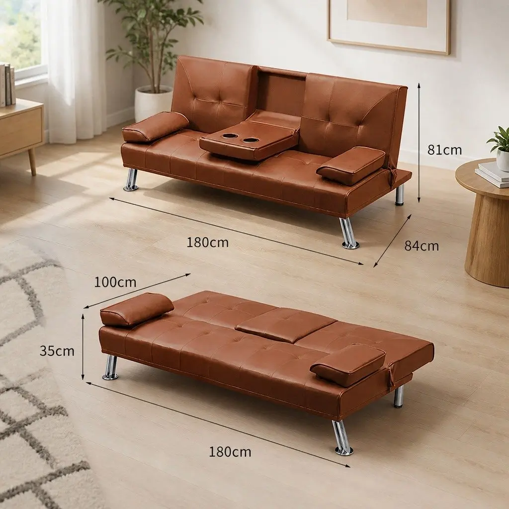 3-Seater Sofa Bed Living Room Adjustable Recliner Foldable Middle Panel Cup Holder Brown