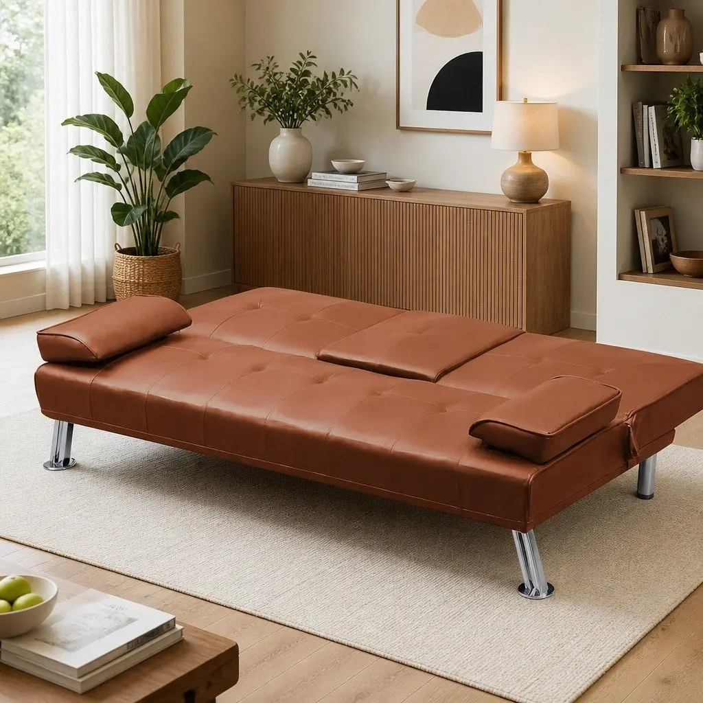 3-Seater Sofa Bed Living Room Adjustable Recliner Foldable Middle Panel Cup Holder Brown