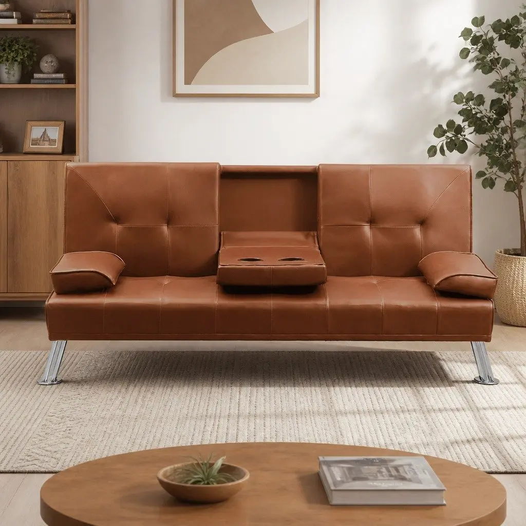 3-Seater Sofa Bed Living Room Adjustable Recliner Foldable Middle Panel Cup Holder Brown