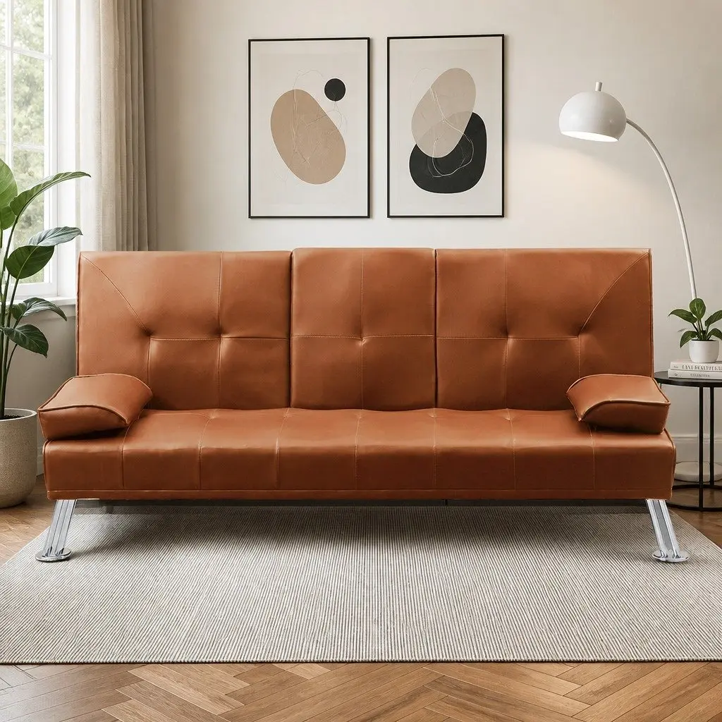 3-Seater Sofa Bed Living Room Adjustable Recliner Foldable Middle Panel Cup Holder Brown