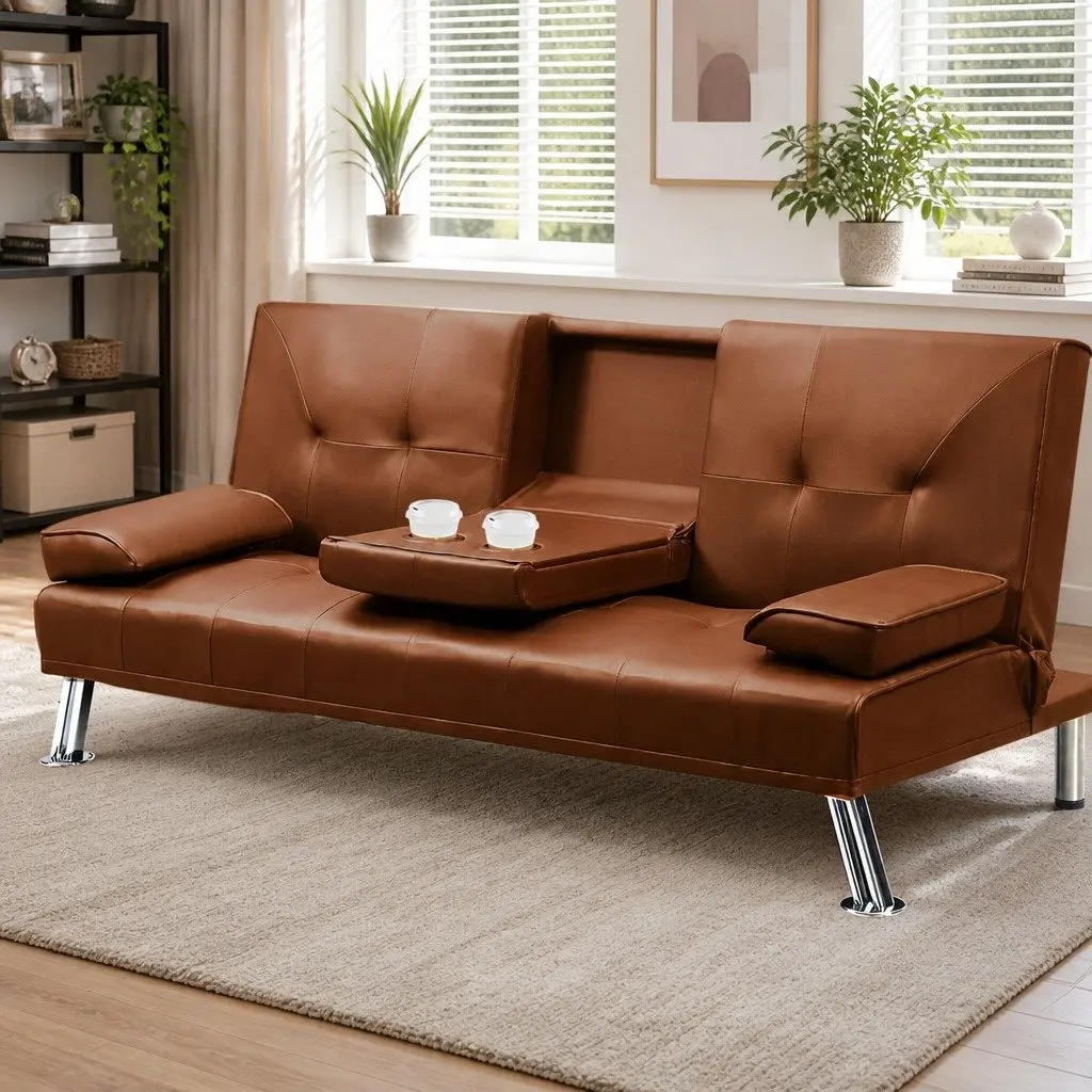3-Seater Sofa Bed Living Room Adjustable Recliner Foldable Middle Panel Cup Holder Brown