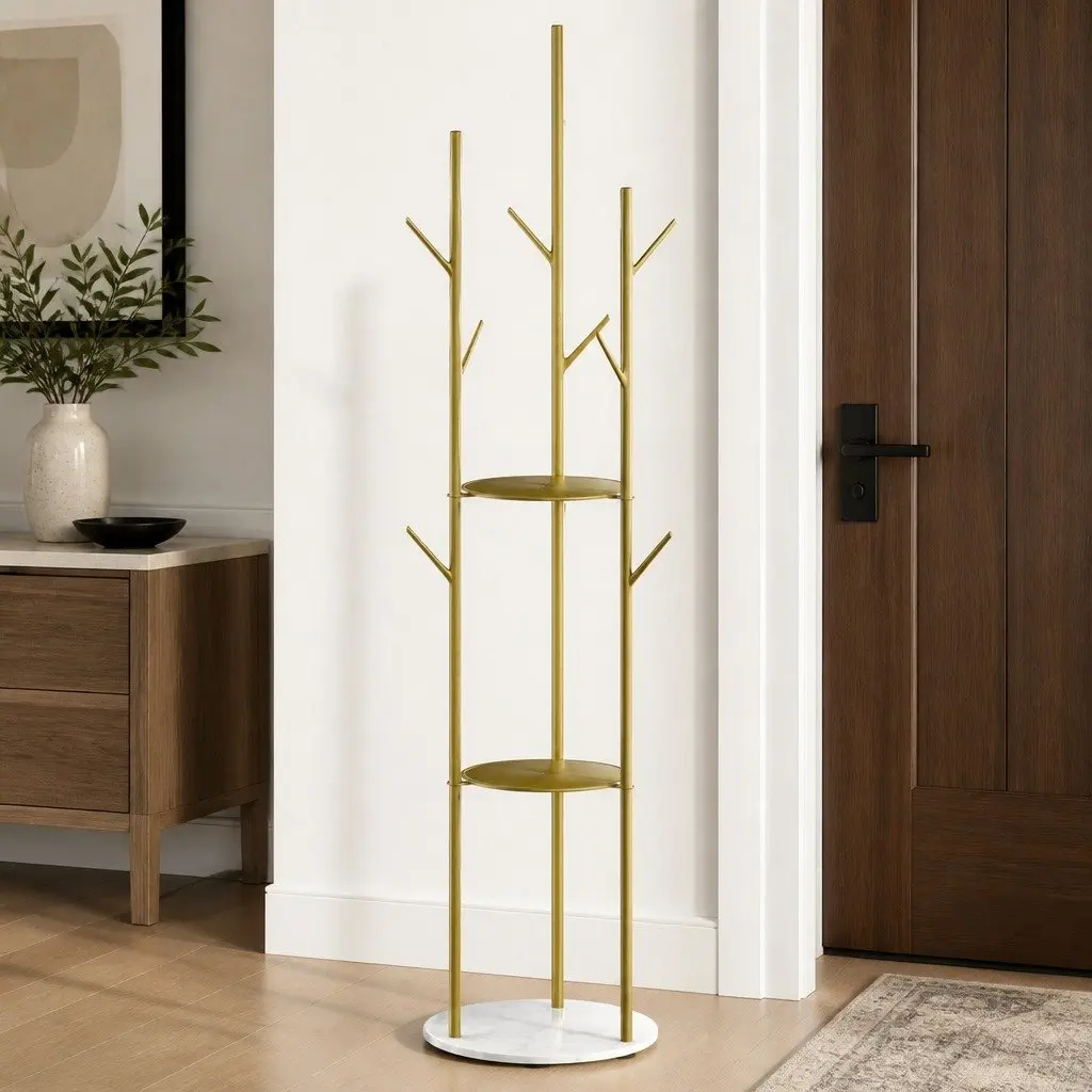 Coat Rack Clothes Stand 8 Hook Hall Tree Organizer with Shelves Gold Entryway