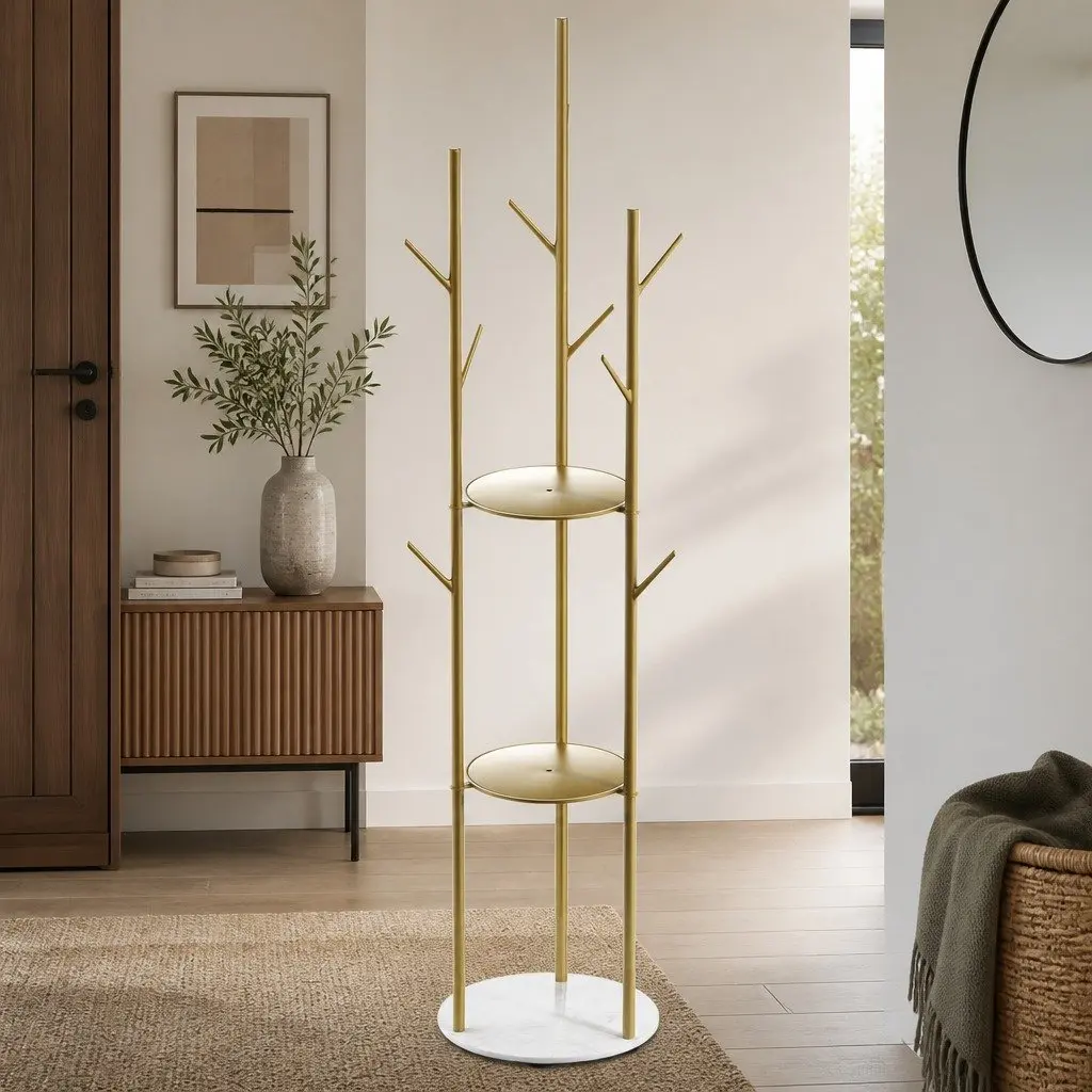 Coat Rack Clothes Stand 8 Hook Hall Tree Organizer with Shelves Gold Entryway